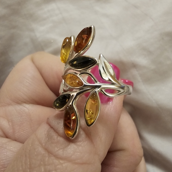 Sz. 11, Multicolor Amber Crossover Ring, 925 Silver, Excellent pre-owned condit. - Picture 9 of 13